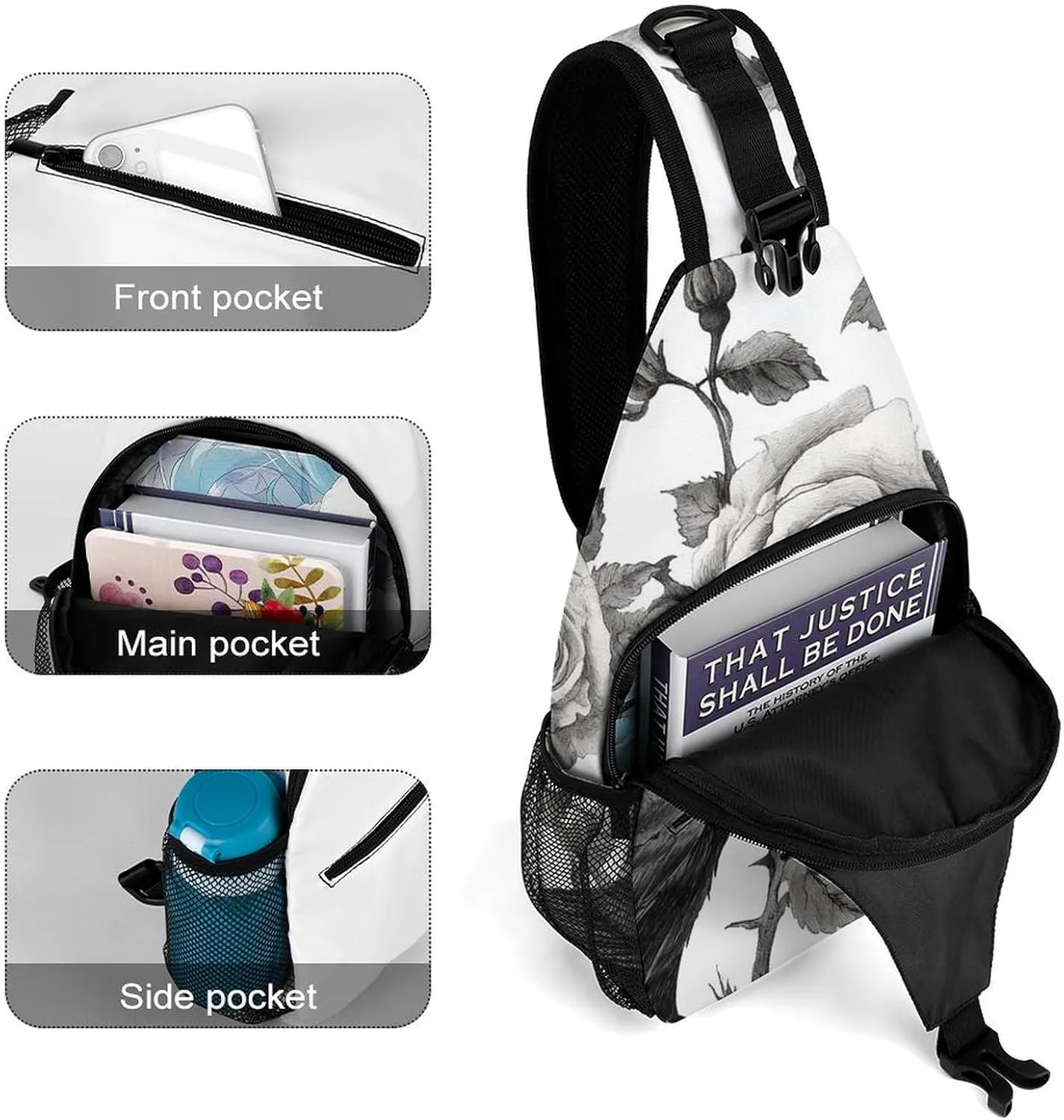 Supdreamc Men & Women Black And White Crow Sling Bag Backpack Outdoor Sport Daypack Travel Bag - Multipurpose Anti-Theft Tactical Satchel, Unbalance Chest Bag Rucksack