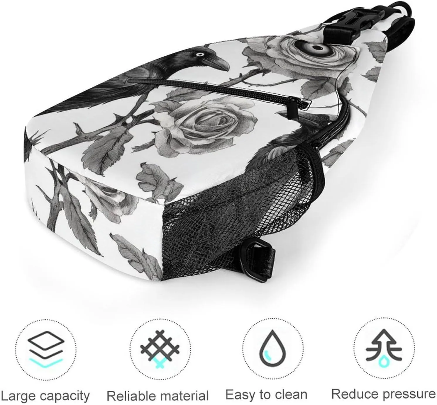 Supdreamc Men & Women Black And White Crow Sling Bag Backpack Outdoor Sport Daypack Travel Bag - Multipurpose Anti-Theft Tactical Satchel, Unbalance Chest Bag Rucksack