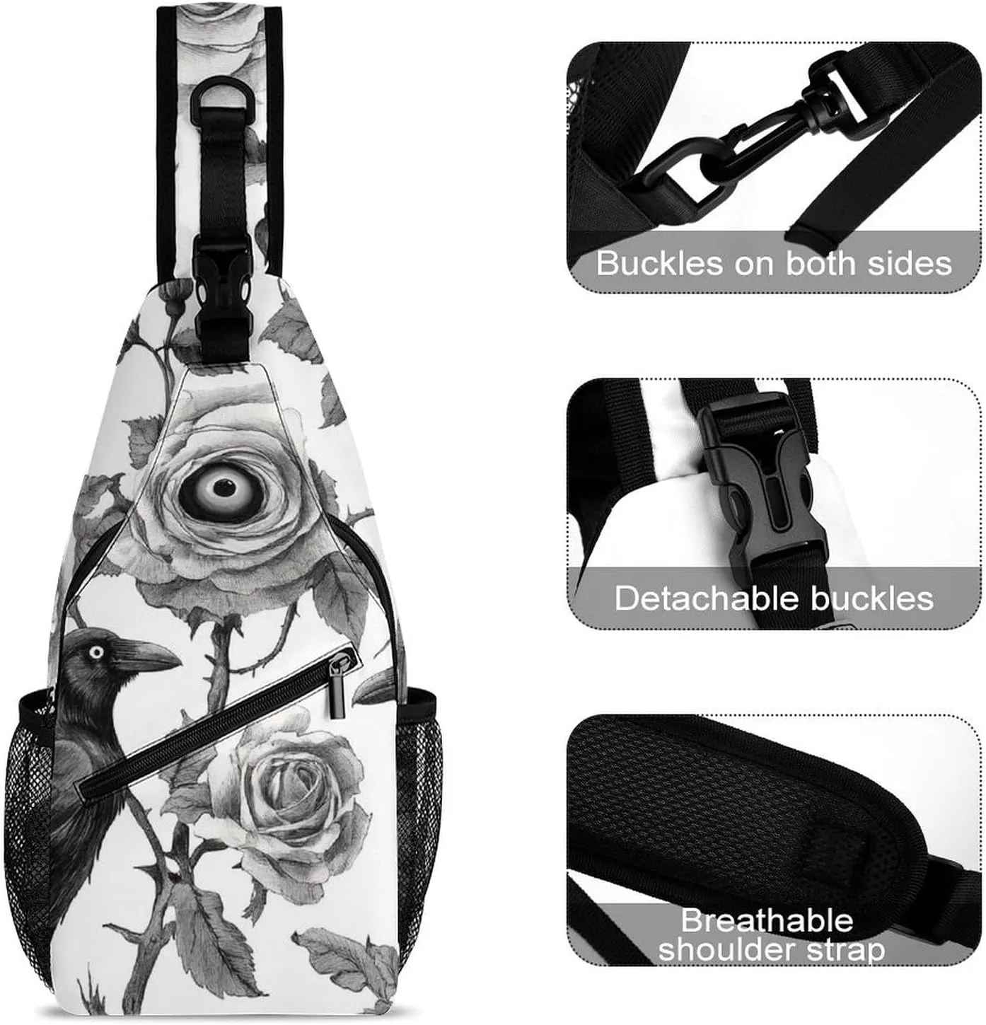 Supdreamc Men & Women Black And White Crow Sling Bag Backpack Outdoor Sport Daypack Travel Bag - Multipurpose Anti-Theft Tactical Satchel, Unbalance Chest Bag Rucksack