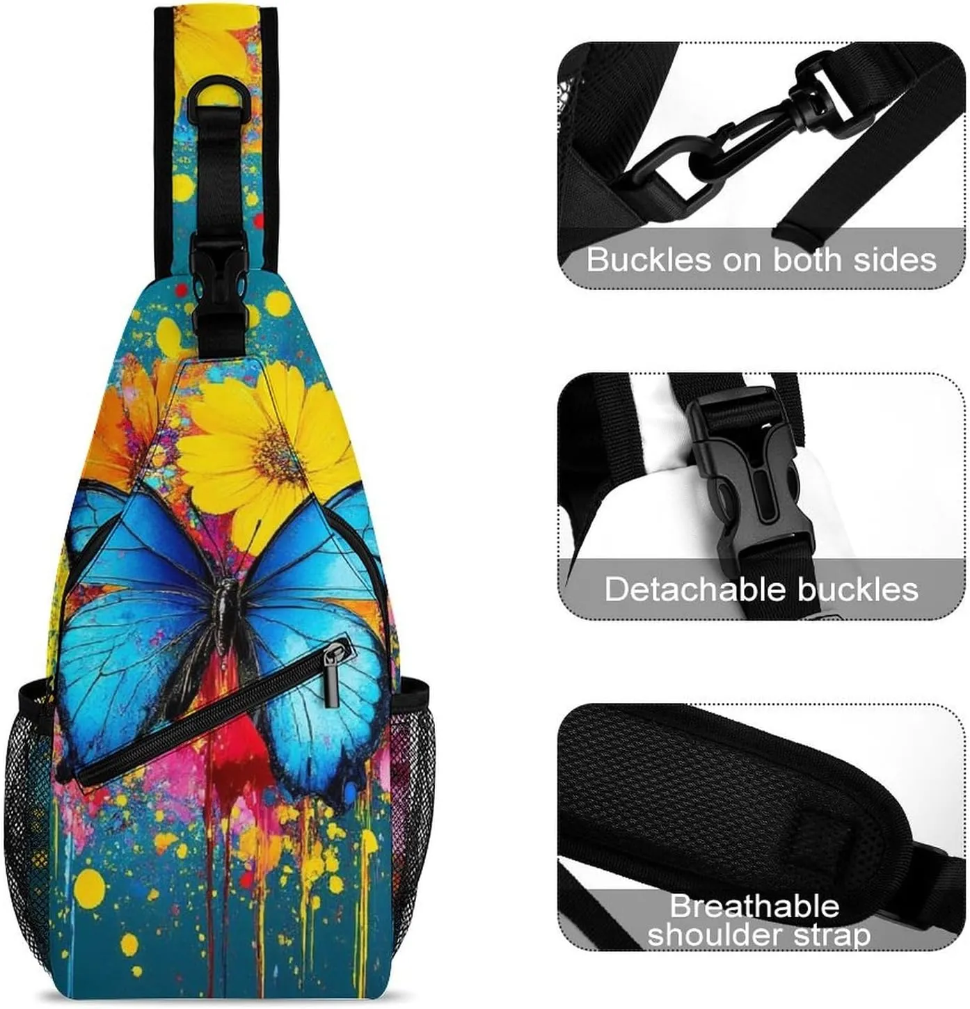 Supdreamc Men & Women Gym Crossbody Sack Satchel Outdoor Hiking Bag, Colorful Watercolor Blue Monarch Butterfly Art Sling Bag Backpack Backpacking for Travel Hiking - Small Tool Backpack