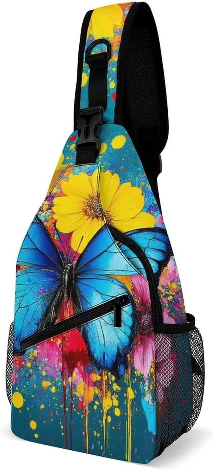 Supdreamc Men & Women Gym Crossbody Sack Satchel Outdoor Hiking Bag, Colorful Watercolor Blue Monarch Butterfly Art Sling Bag Backpack Backpacking for Travel Hiking - Small Tool Backpack