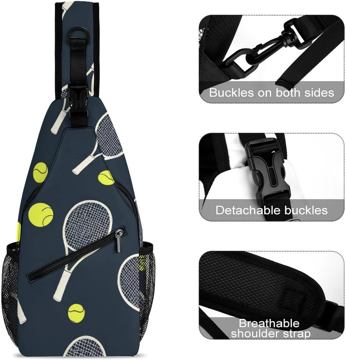 Supdreamc Men Sling Shoulder Backpack Foldable Handy Shoulder Chest Crossbody Bag - Funny Colourful Tennis Racquets And Tennis Balls Anti-Theft Rucksack Messenger Bag With Adjustable Shoulder Strap