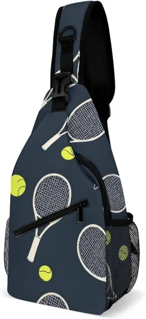 Supdreamc Men Sling Shoulder Backpack Foldable Handy Shoulder Chest Crossbody Bag - Funny Colourful Tennis Racquets And Tennis Balls Anti-Theft Rucksack Messenger Bag With Adjustable Shoulder Strap