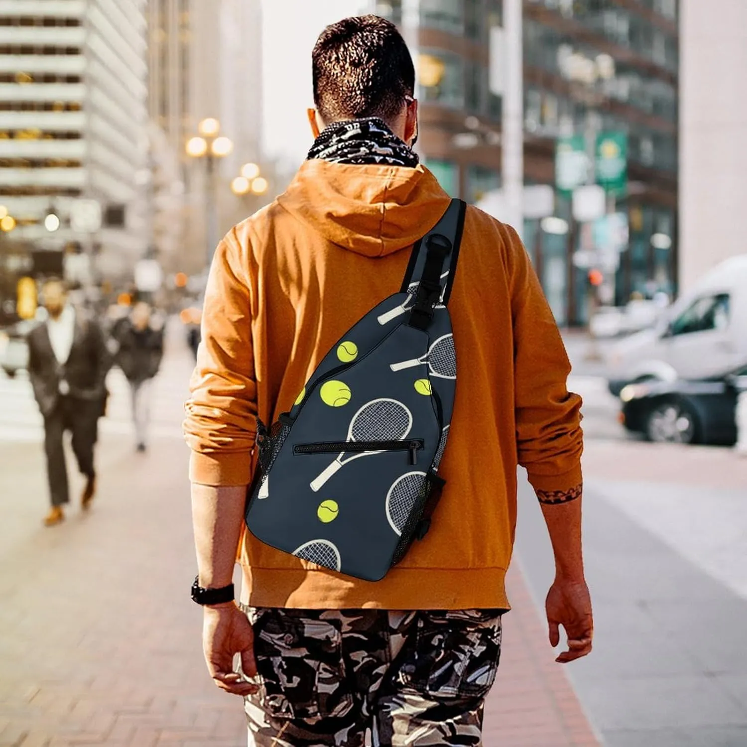 Supdreamc Men Sling Shoulder Backpack Foldable Handy Shoulder Chest Crossbody Bag - Funny Colourful Tennis Racquets And Tennis Balls Anti-Theft Rucksack Messenger Bag With Adjustable Shoulder Strap