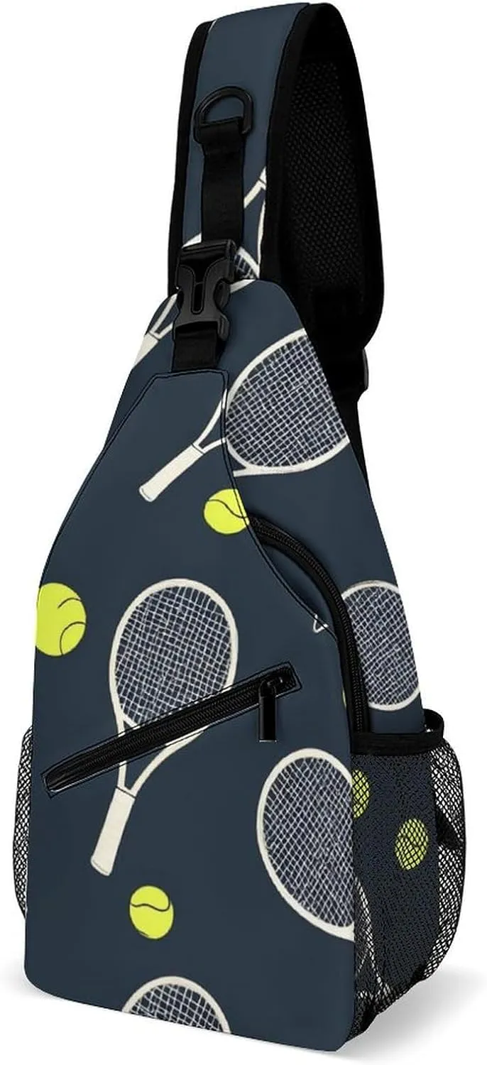 Supdreamc Men Sling Shoulder Backpack Foldable Handy Shoulder Chest Crossbody Bag - Funny Colourful Tennis Racquets And Tennis Balls Anti-Theft Rucksack Messenger Bag With Adjustable Shoulder Strap