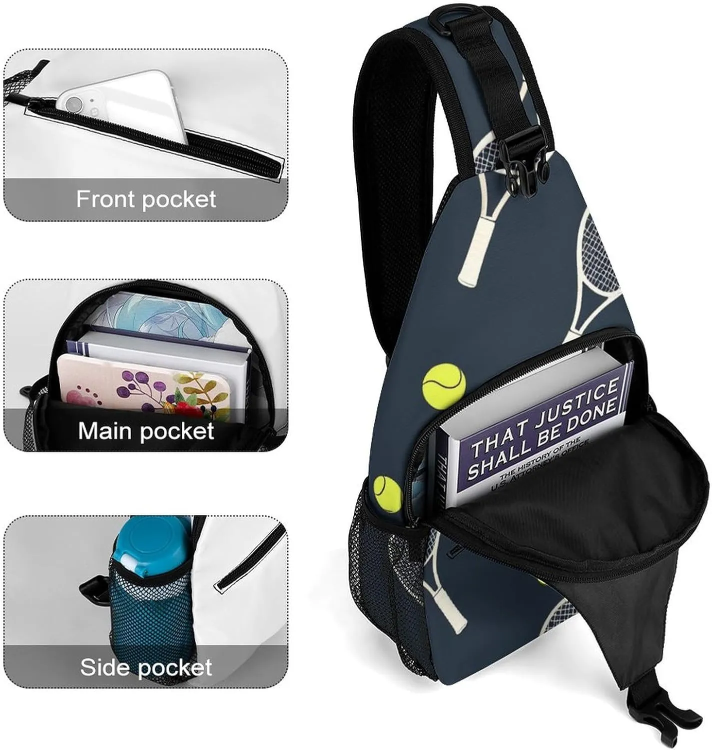 Supdreamc Men Sling Shoulder Backpack Foldable Handy Shoulder Chest Crossbody Bag - Funny Colourful Tennis Racquets And Tennis Balls Anti-Theft Rucksack Messenger Bag With Adjustable Shoulder Strap