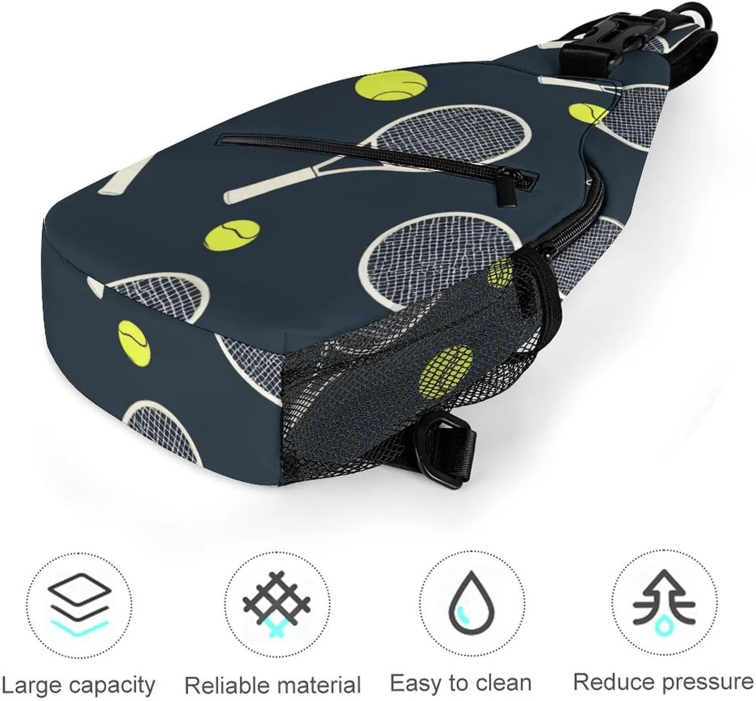 Supdreamc Men Sling Shoulder Backpack Foldable Handy Shoulder Chest Crossbody Bag - Funny Colourful Tennis Racquets And Tennis Balls Anti-Theft Rucksack Messenger Bag With Adjustable Shoulder Strap