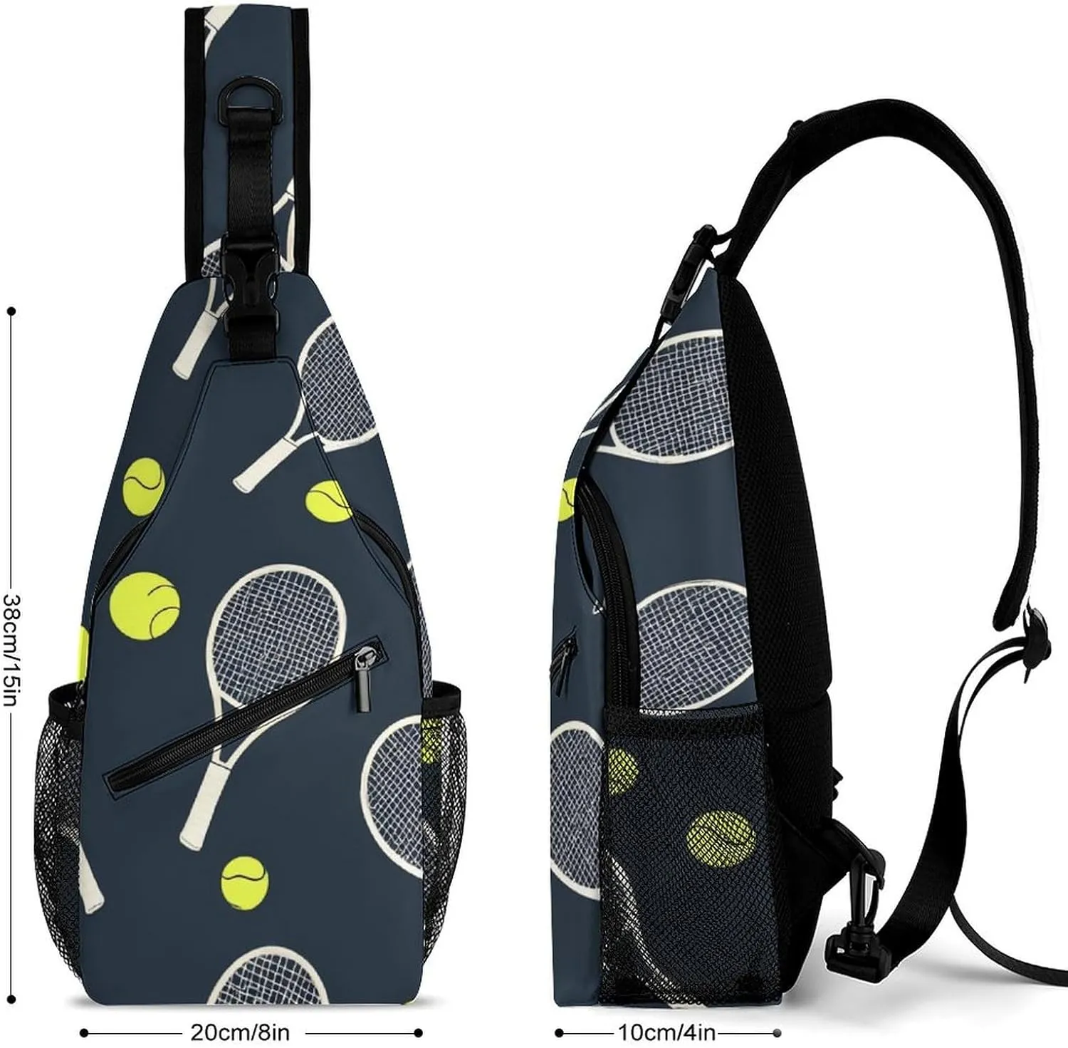 Supdreamc Men Sling Shoulder Backpack Foldable Handy Shoulder Chest Crossbody Bag - Funny Colourful Tennis Racquets And Tennis Balls Anti-Theft Rucksack Messenger Bag With Adjustable Shoulder Strap
