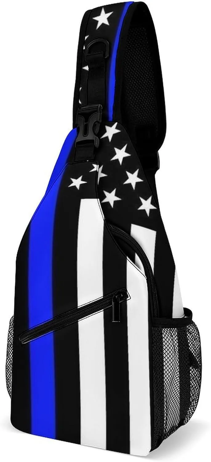 Supdreamc Men Women Sling Shoulder Backpack Foldable Unbalance Shoulder Chest Crossbody Bag - American Thin Blue Line Flag Police Pattern Black Anti-Theft Multipurpose Rucksack Bookbag Backpack