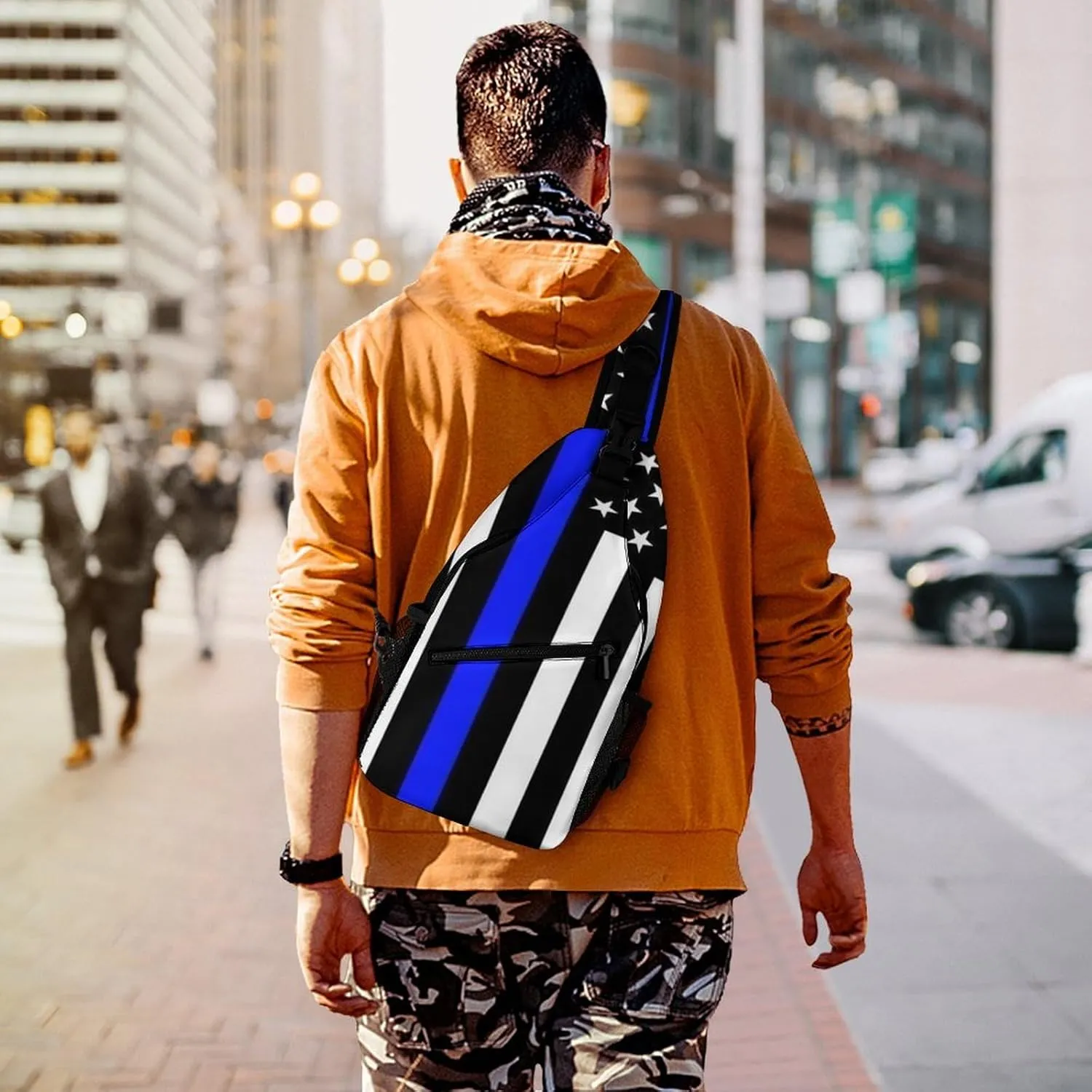 Supdreamc Men Women Sling Shoulder Backpack Foldable Unbalance Shoulder Chest Crossbody Bag - American Thin Blue Line Flag Police Pattern Black Anti-Theft Multipurpose Rucksack Bookbag Backpack