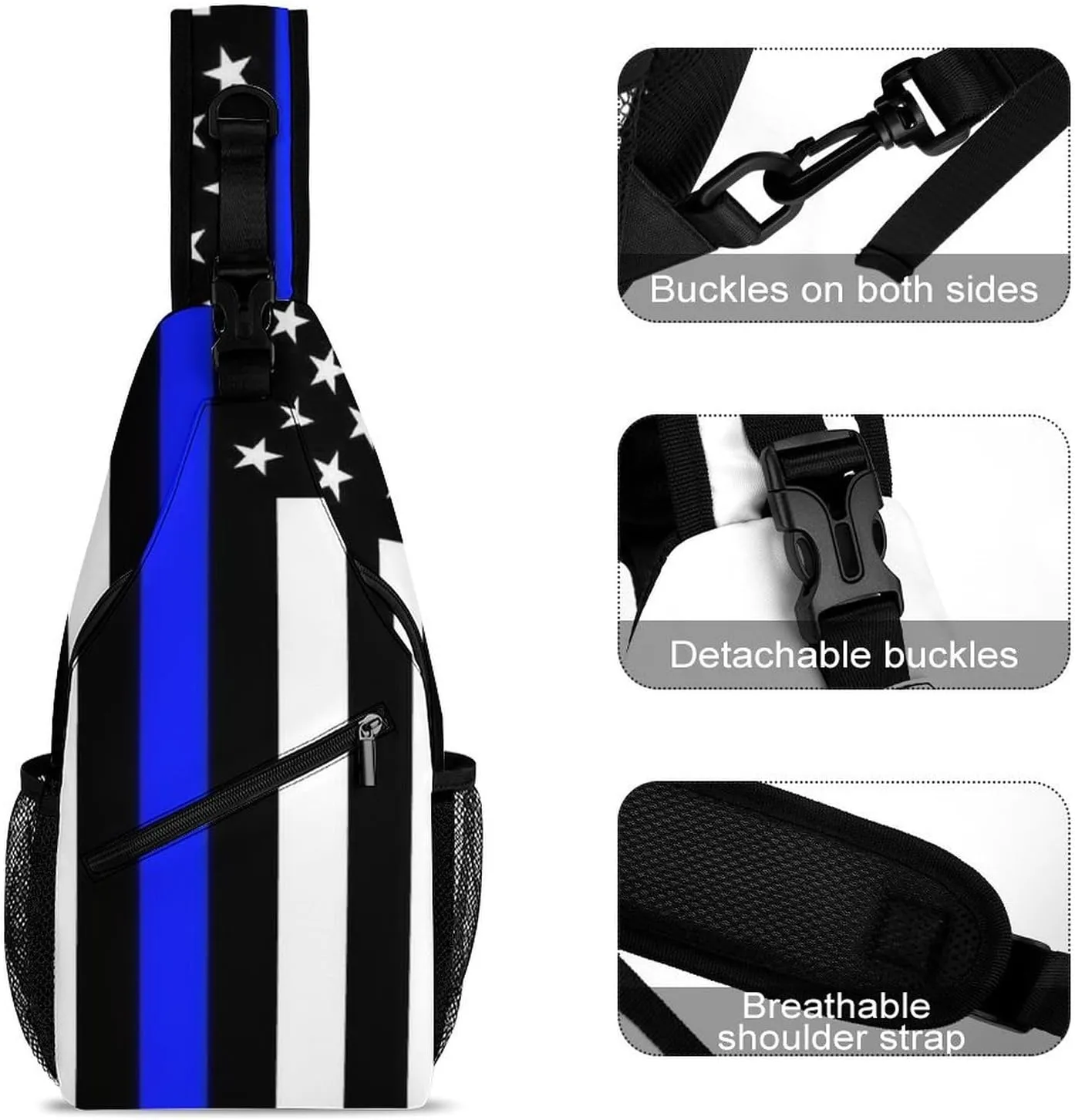 Supdreamc Men Women Sling Shoulder Backpack Foldable Unbalance Shoulder Chest Crossbody Bag - American Thin Blue Line Flag Police Pattern Black Anti-Theft Multipurpose Rucksack Bookbag Backpack