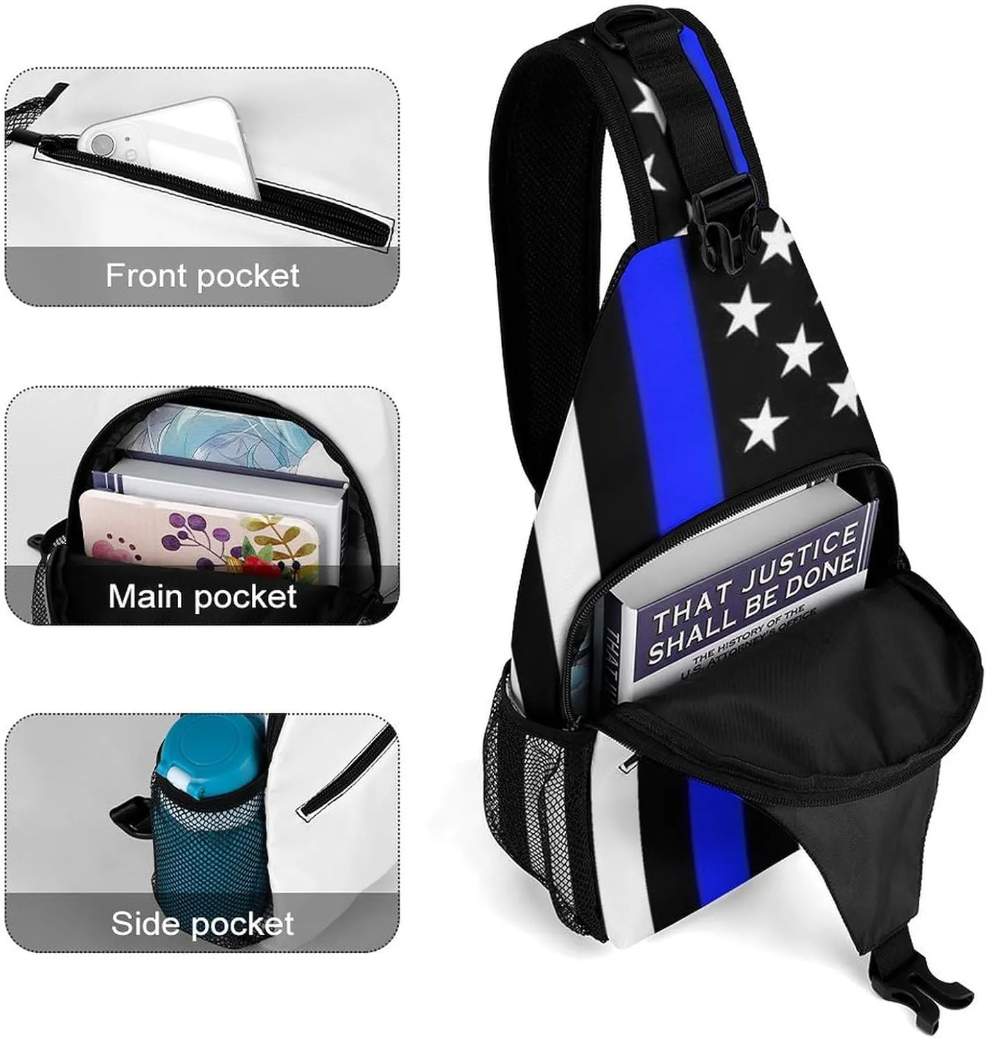 Supdreamc Men Women Sling Shoulder Backpack Foldable Unbalance Shoulder Chest Crossbody Bag - American Thin Blue Line Flag Police Pattern Black Anti-Theft Multipurpose Rucksack Bookbag Backpack
