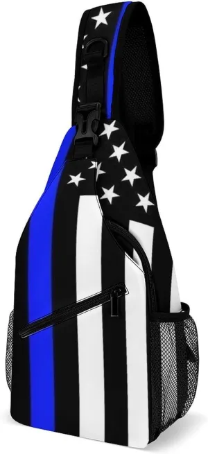 Supdreamc Men Women Sling Shoulder Backpack Foldable Unbalance Shoulder Chest Crossbody Bag - American Thin Blue Line Flag Police Pattern Black Anti-Theft Multipurpose Rucksack Bookbag Backpack