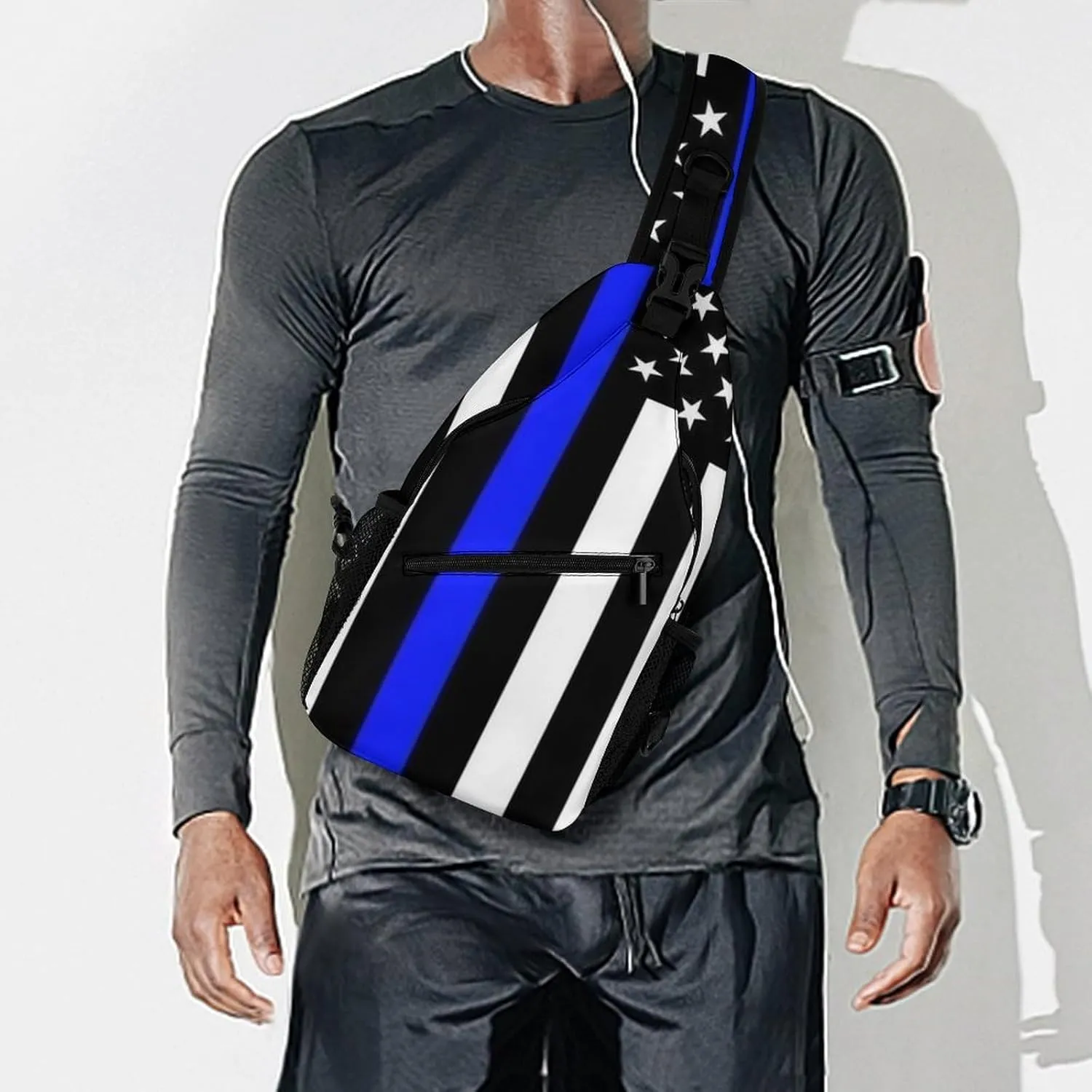 Supdreamc Men Women Sling Shoulder Backpack Foldable Unbalance Shoulder Chest Crossbody Bag - American Thin Blue Line Flag Police Pattern Black Anti-Theft Multipurpose Rucksack Bookbag Backpack