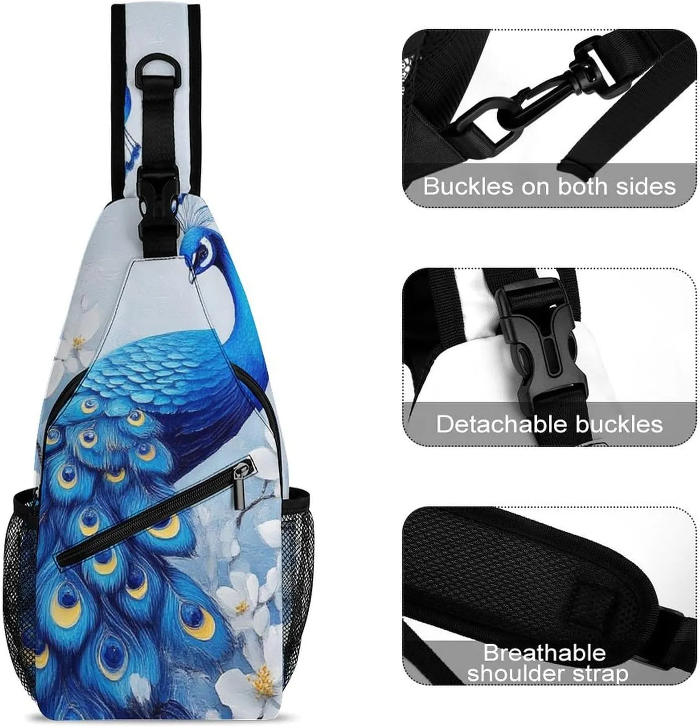 Supdreamc Ultra Lightweight Sling Backpack Crossbody Chest Rucksack Anti-Theft Multipurpose Bag for Hiking Cycling Walking Dog Bicycle Travel, Blue Peacock And White Flowers