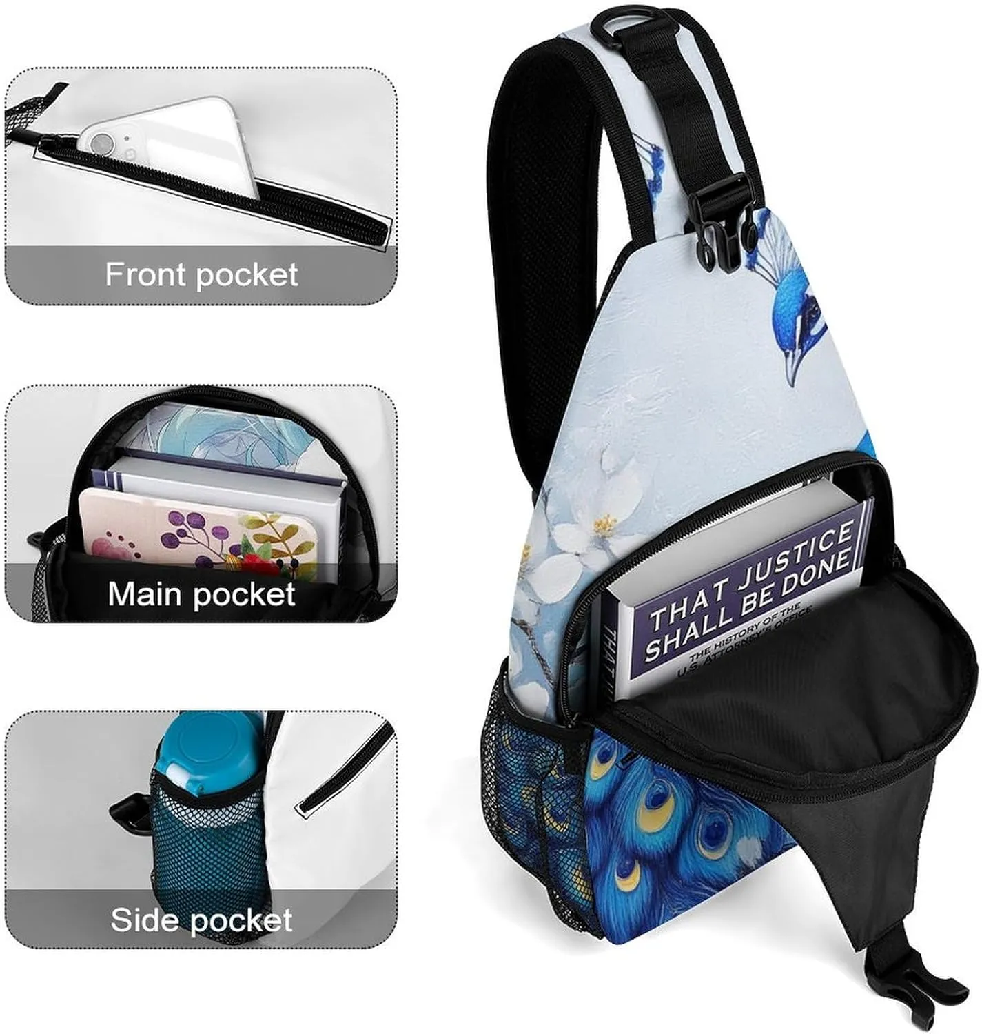 Supdreamc Ultra Lightweight Sling Backpack Crossbody Chest Rucksack Anti-Theft Multipurpose Bag for Hiking Cycling Walking Dog Bicycle Travel, Blue Peacock And White Flowers