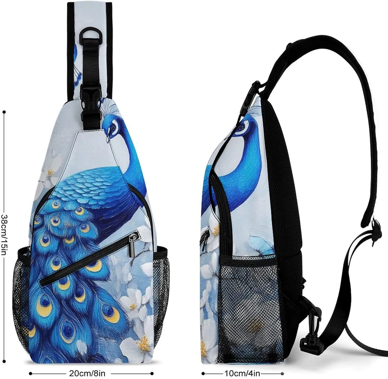 Supdreamc Ultra Lightweight Sling Backpack Crossbody Chest Rucksack Anti-Theft Multipurpose Bag for Hiking Cycling Walking Dog Bicycle Travel, Blue Peacock And White Flowers