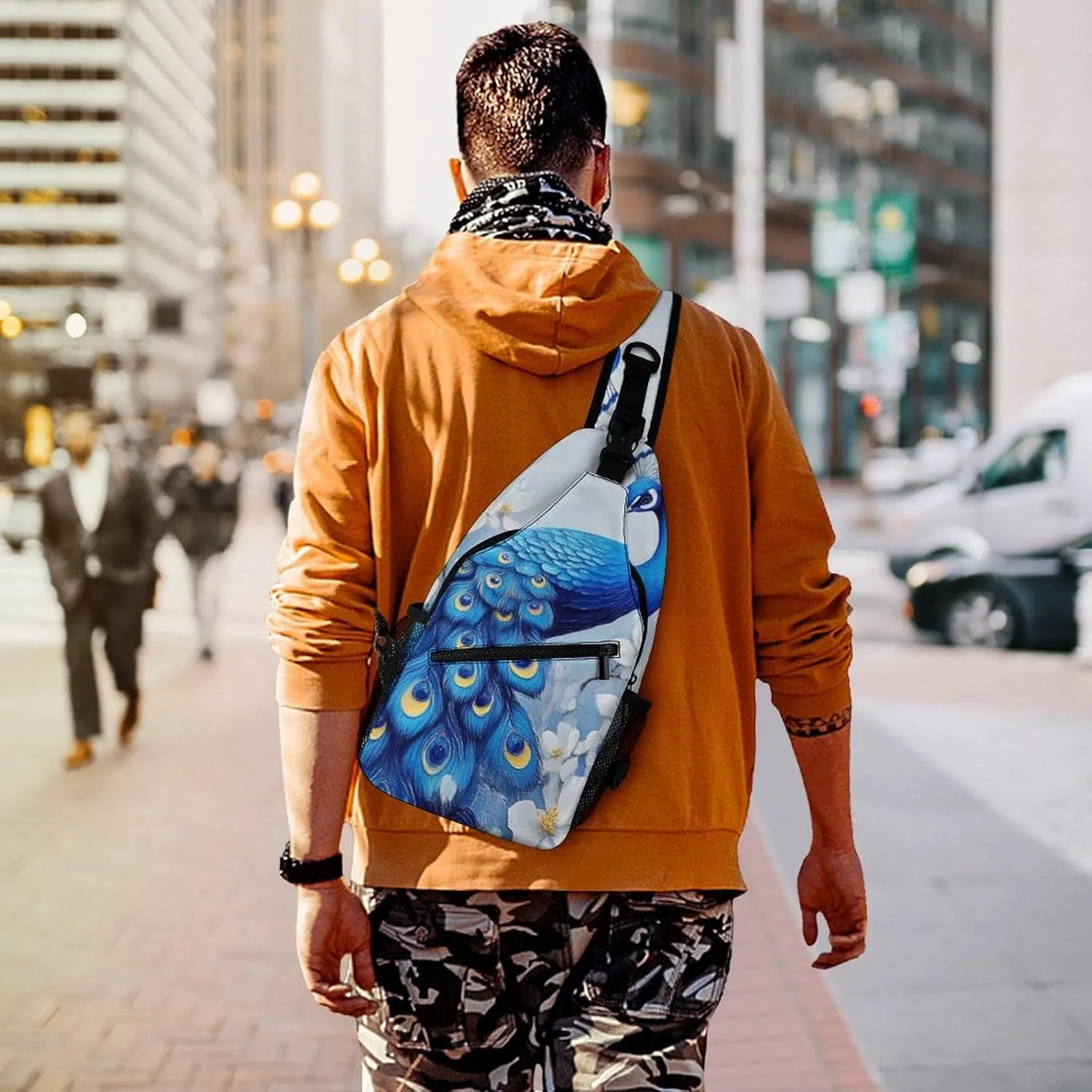 Supdreamc Ultra Lightweight Sling Backpack Crossbody Chest Rucksack Anti-Theft Multipurpose Bag for Hiking Cycling Walking Dog Bicycle Travel, Blue Peacock And White Flowers