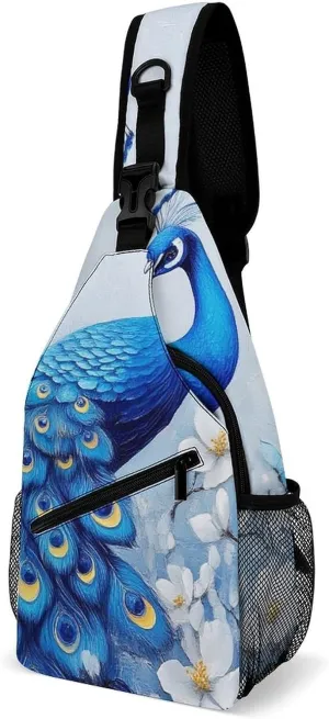 Supdreamc Ultra Lightweight Sling Backpack Crossbody Chest Rucksack Anti-Theft Multipurpose Bag for Hiking Cycling Walking Dog Bicycle Travel, Blue Peacock And White Flowers