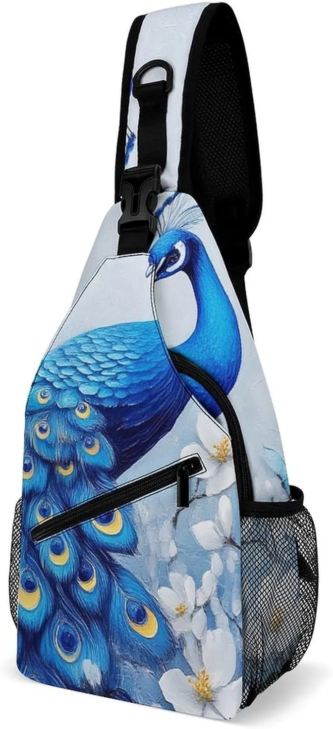 Supdreamc Ultra Lightweight Sling Backpack Crossbody Chest Rucksack Anti-Theft Multipurpose Bag for Hiking Cycling Walking Dog Bicycle Travel, Blue Peacock And White Flowers