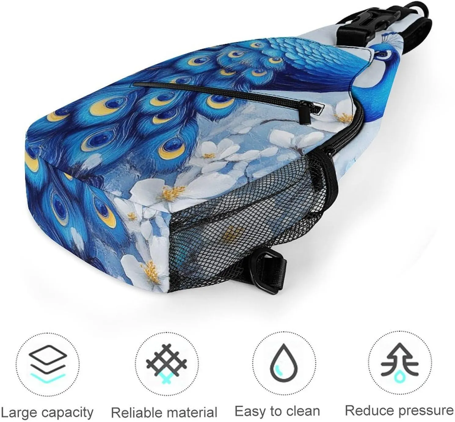 Supdreamc Ultra Lightweight Sling Backpack Crossbody Chest Rucksack Anti-Theft Multipurpose Bag for Hiking Cycling Walking Dog Bicycle Travel, Blue Peacock And White Flowers