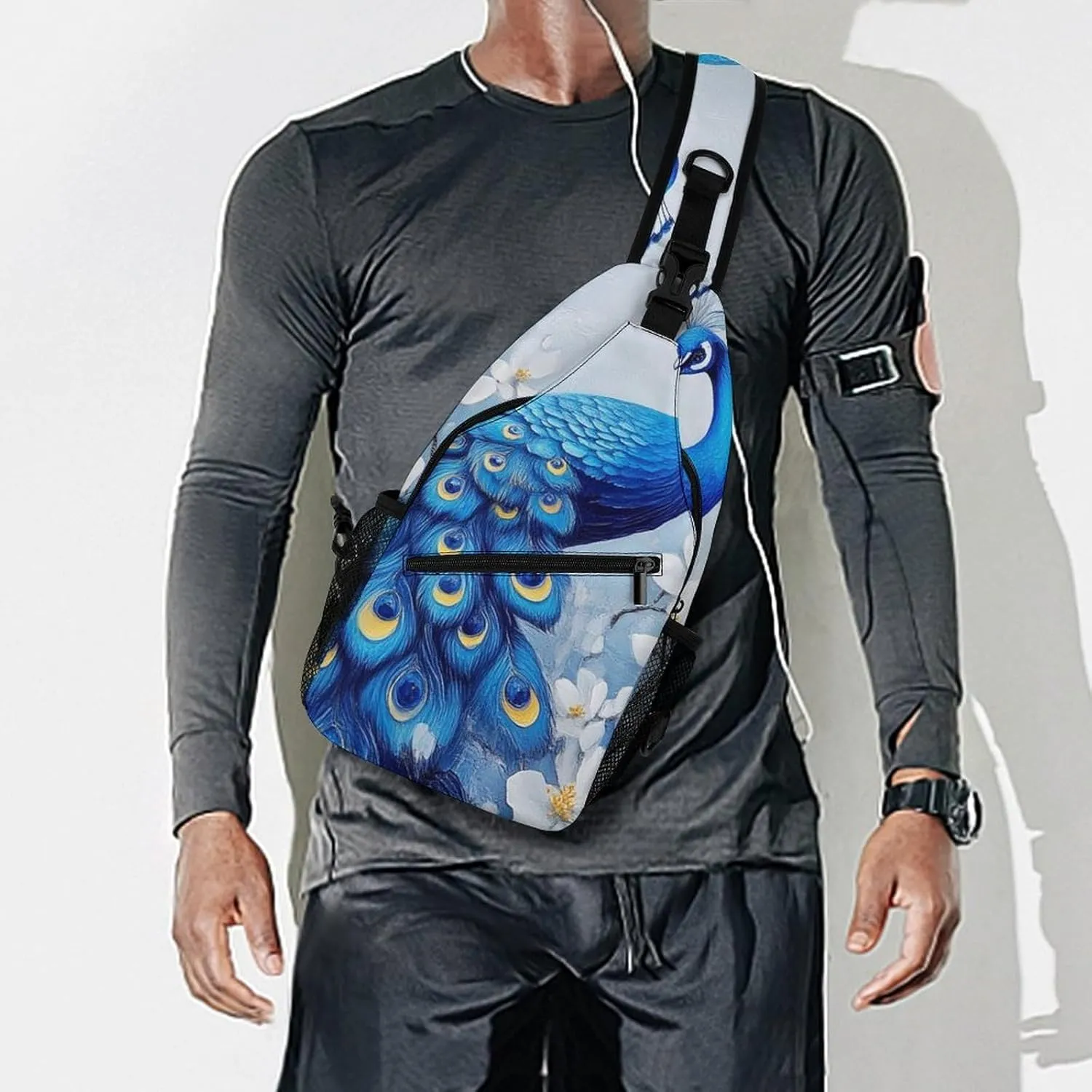 Supdreamc Ultra Lightweight Sling Backpack Crossbody Chest Rucksack Anti-Theft Multipurpose Bag for Hiking Cycling Walking Dog Bicycle Travel, Blue Peacock And White Flowers