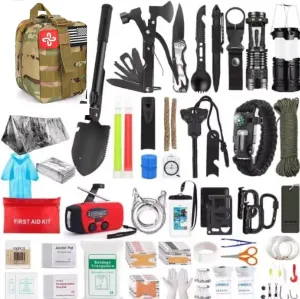 Survival Kit, 250 Pcs Survival Gear and Supplies with First Aid Kit Pouch and Crossbody Bag, Emergency Kit with Tent, Camping Axe Hammer, Survival Shovel w/Pick, Bug Out Bag Gifts for Men Women