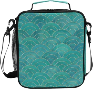 susiyo Teal Mermaid Fish Scale Wave Rectangular Lunch Bag Insulated Lunch Box Reusable Tote Handbag Shoulder Bag for Adults Women Men