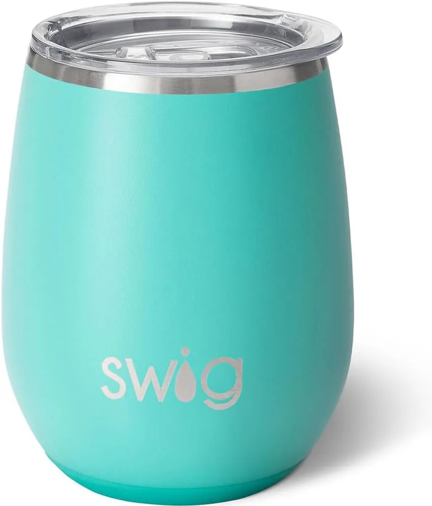 Swig Life 14oz Stemless Wine Cup, Insulated Wine Tumbler with Lid, Stainless Steel Travel Tumbler (Aqua)