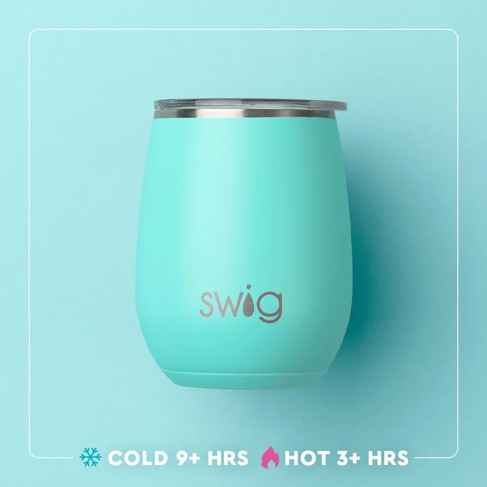 Swig Life 14oz Stemless Wine Cup, Insulated Wine Tumbler with Lid, Stainless Steel Travel Tumbler (Aqua)
