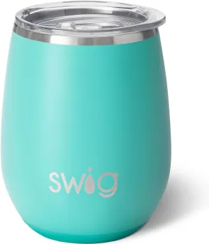 Swig Life 14oz Stemless Wine Cup, Insulated Wine Tumbler with Lid, Stainless Steel Travel Tumbler (Aqua)