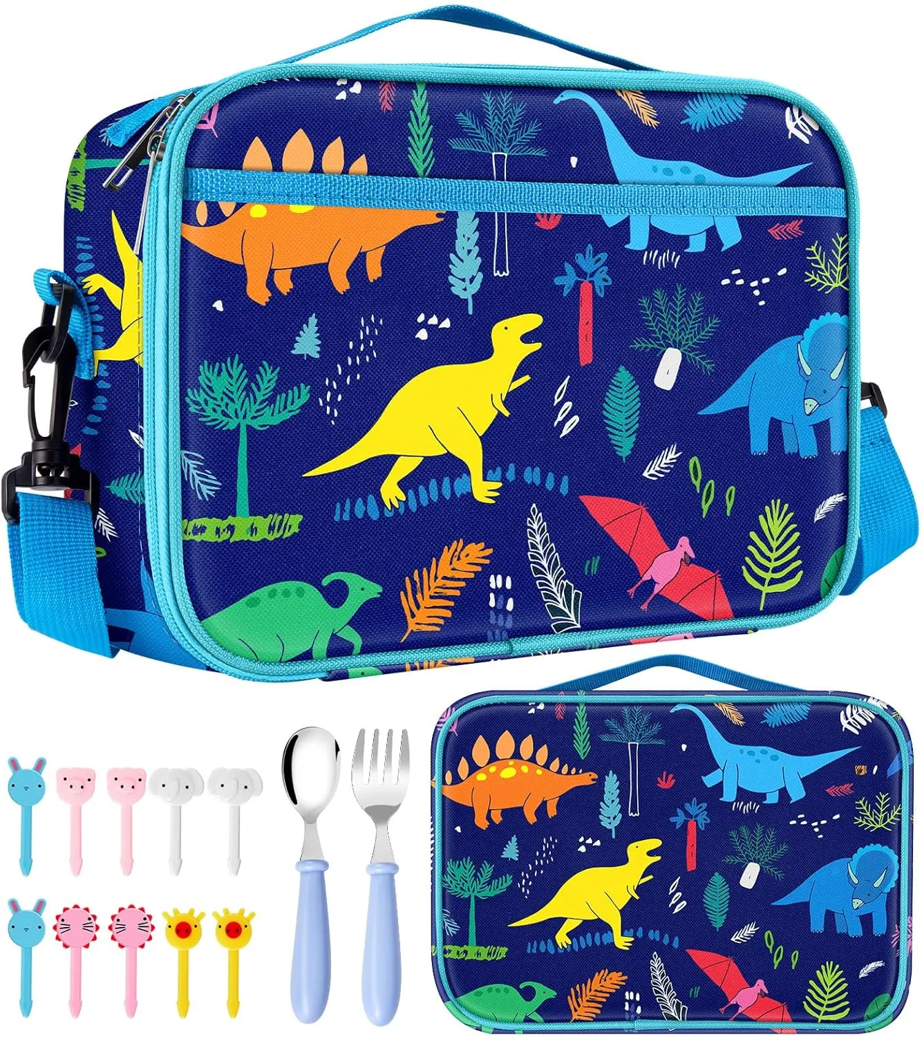 Swooflia Lunch Bag Box For Kids Girls Boys School Preschool Kindergarten Dinosaur Cute Insulated Cooler Lunchboxes Reusable Lunch Kit Pail 5.3L With Fork Spoon Food Picks for 4-12 Years Old