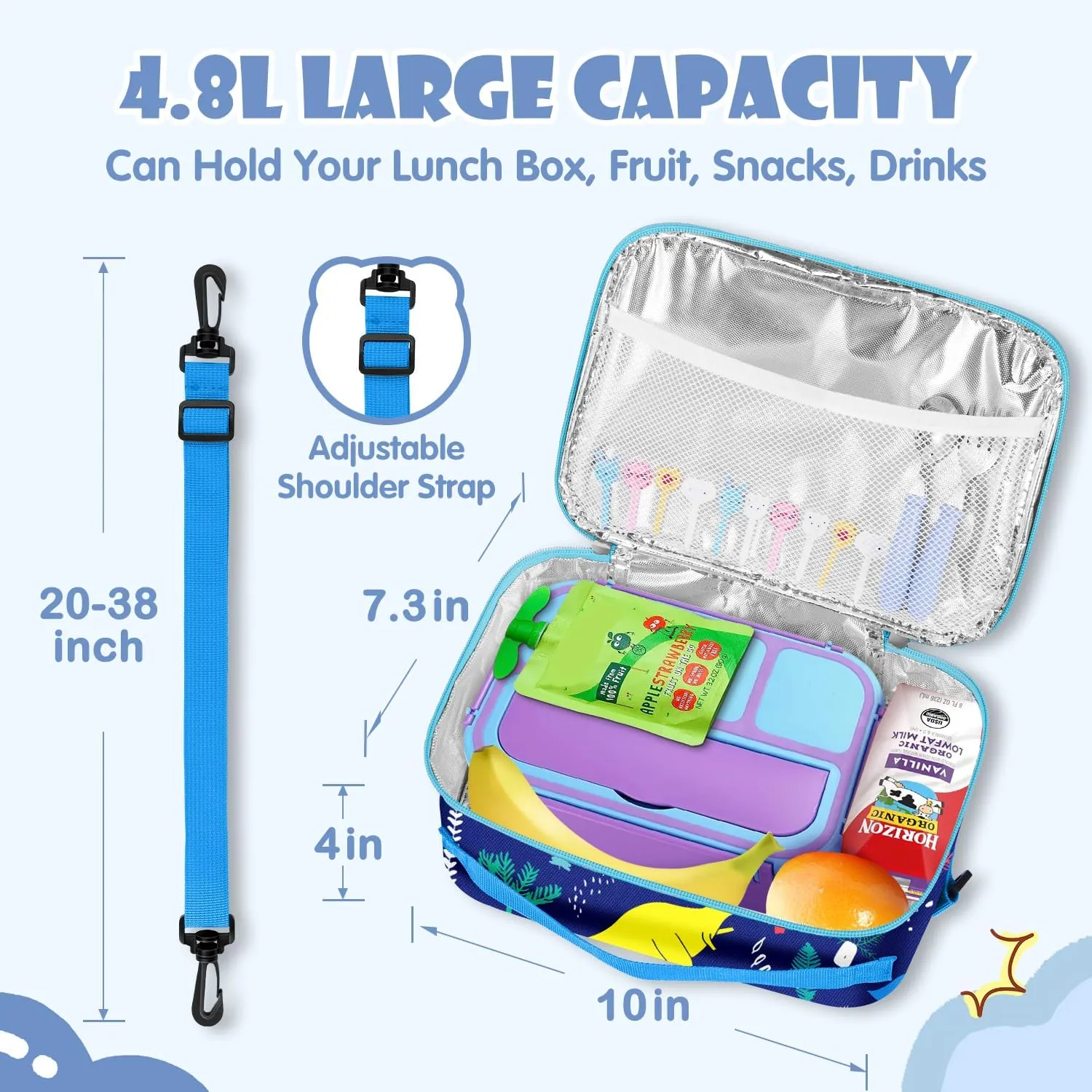 Swooflia Lunch Bag Box For Kids Girls Boys School Preschool Kindergarten Dinosaur Cute Insulated Cooler Lunchboxes Reusable Lunch Kit Pail 5.3L With Fork Spoon Food Picks for 4-12 Years Old