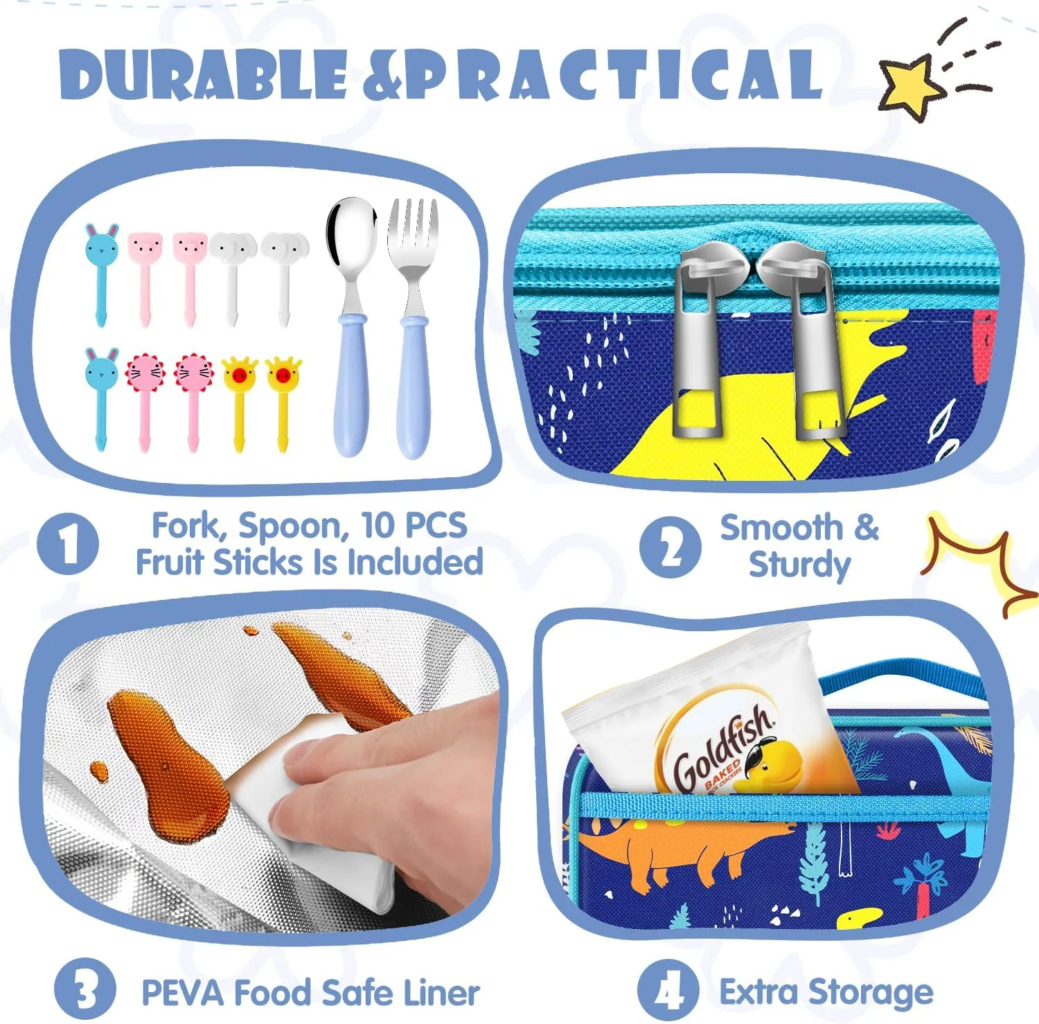 Swooflia Lunch Bag Box For Kids Girls Boys School Preschool Kindergarten Dinosaur Cute Insulated Cooler Lunchboxes Reusable Lunch Kit Pail 5.3L With Fork Spoon Food Picks for 4-12 Years Old