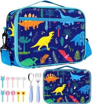 Swooflia Lunch Bag Box For Kids Girls Boys School Preschool Kindergarten Dinosaur Cute Insulated Cooler Lunchboxes Reusable Lunch Kit Pail 5.3L With Fork Spoon Food Picks for 4-12 Years Old