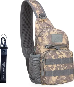 Tactical Chest Sling Bag with Bottle Holder & Key Ring Strap, Military Water Repellent Molle Camouflage Backpack (Digital Camo)
