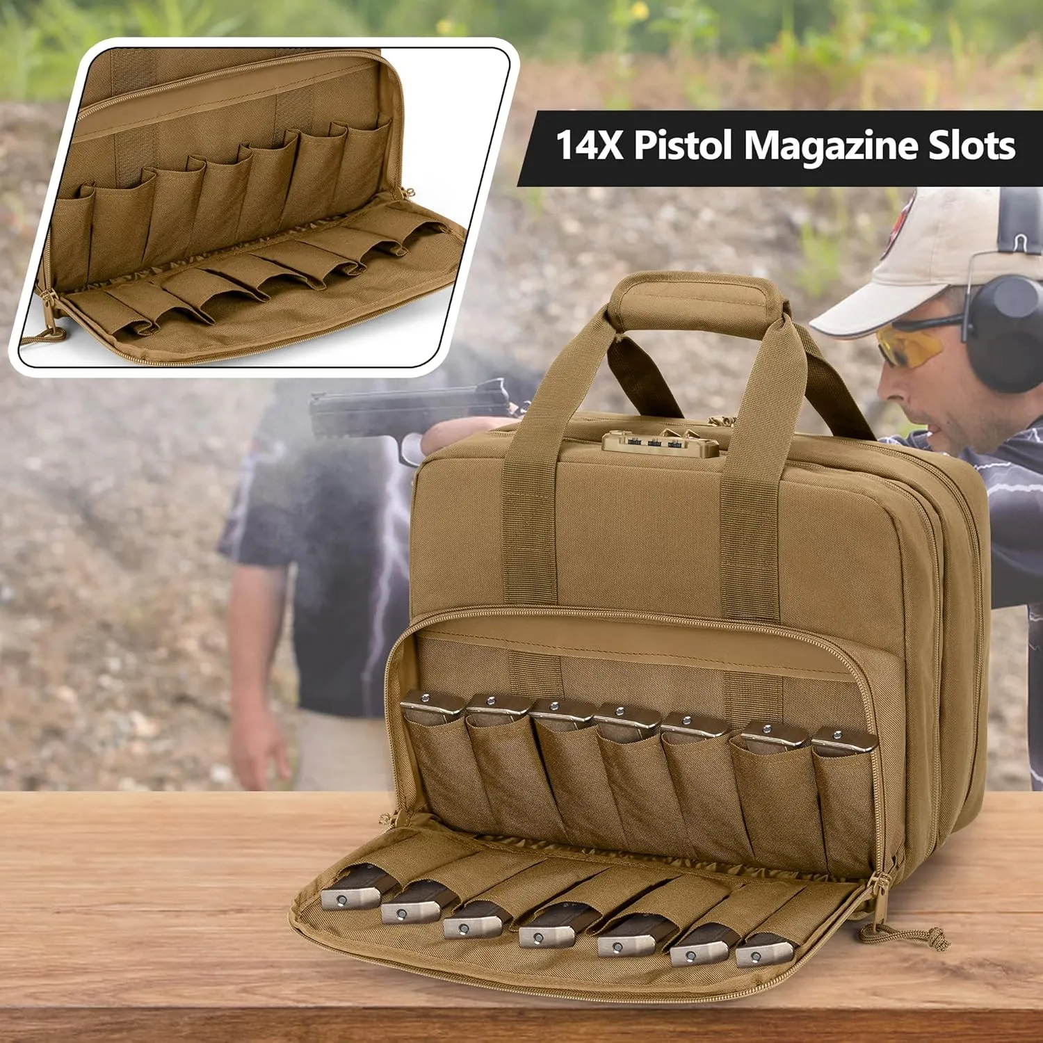 Tactical Gun Range Bag for 4 Handguns and Ammo, Pistol Duffle Bag with TSA Lock and 14x Magazine Slots for Hunting Shooting Range Sport