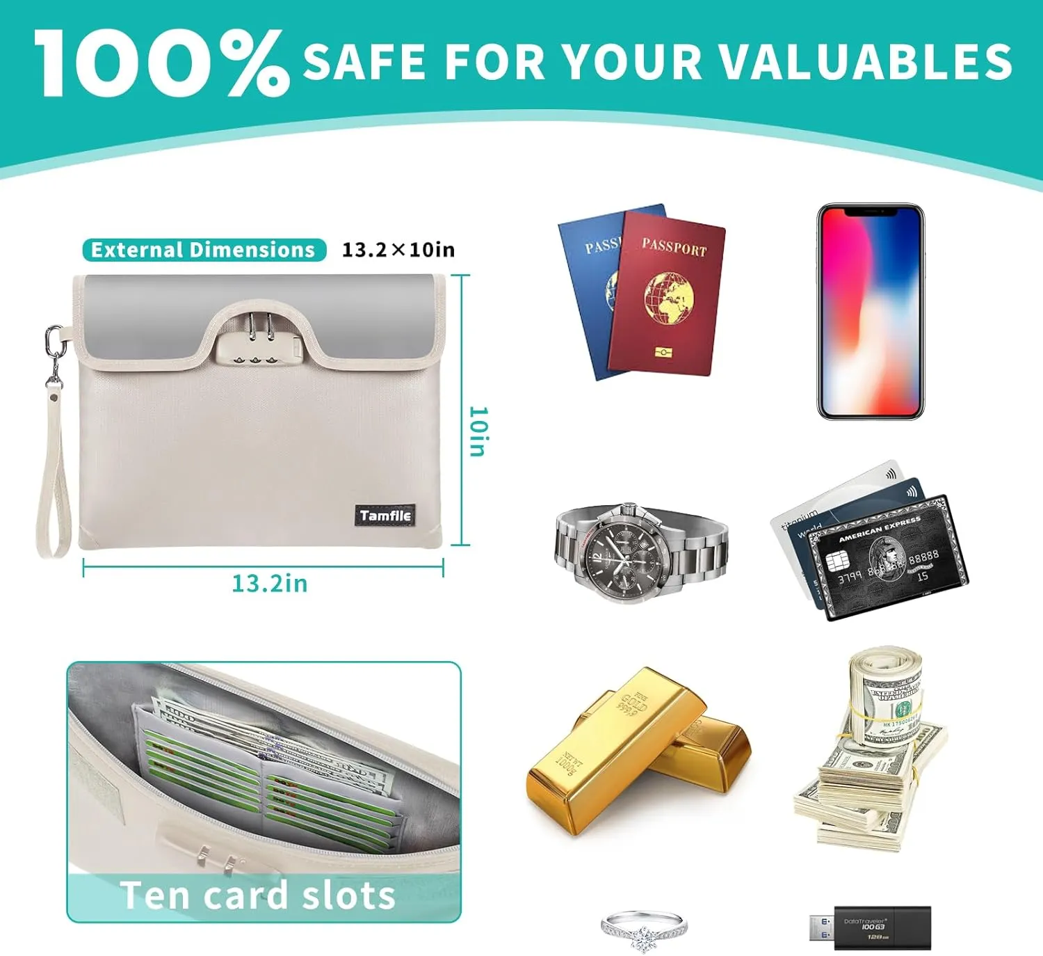 Tamfile 5200 Degree F Fireproof Money Bag with Lock, Water Document Zipper, 8 Layers Fire Insulation, Safe Storage Pouch Lock for Cash, Passport, Certificate(10/inch x 13/inch, Beige)…