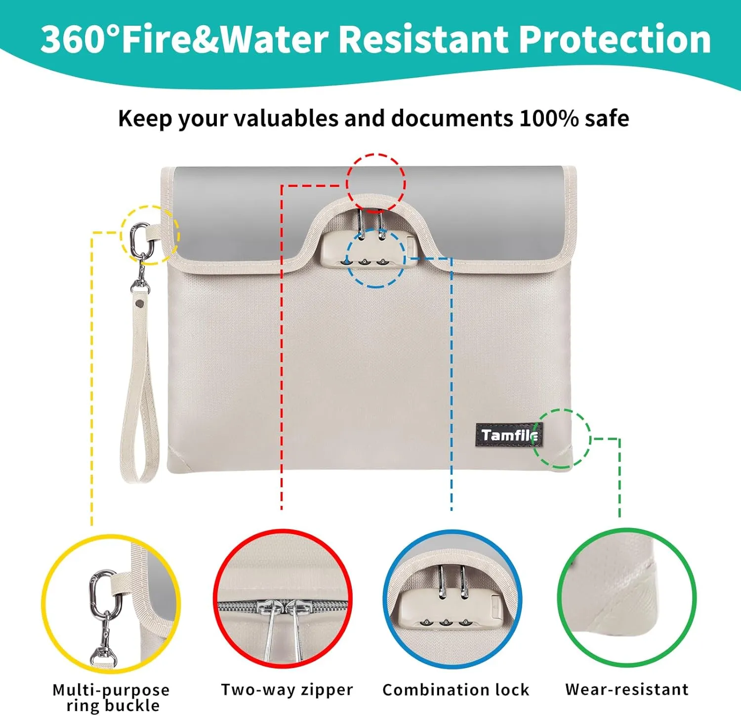 Tamfile 5200 Degree F Fireproof Money Bag with Lock, Water Document Zipper, 8 Layers Fire Insulation, Safe Storage Pouch Lock for Cash, Passport, Certificate(10/inch x 13/inch, Beige)…