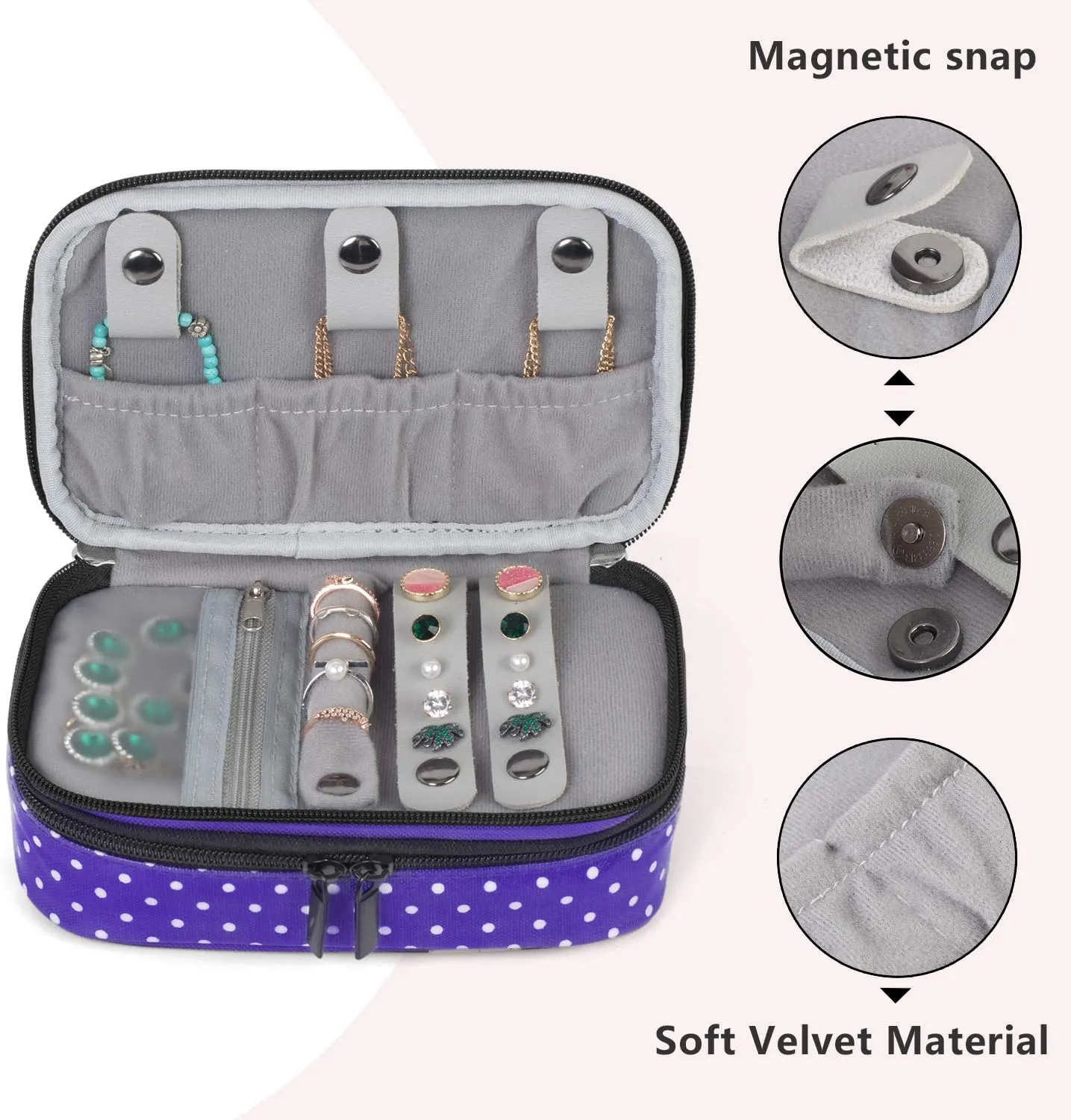 Teamoy Jewelry Travel Case, Jewelry & Accessories Holder Organizer for Necklace, Earrings, Rings, Watch and More, Roomy, Compact and Portable, Purple Dots