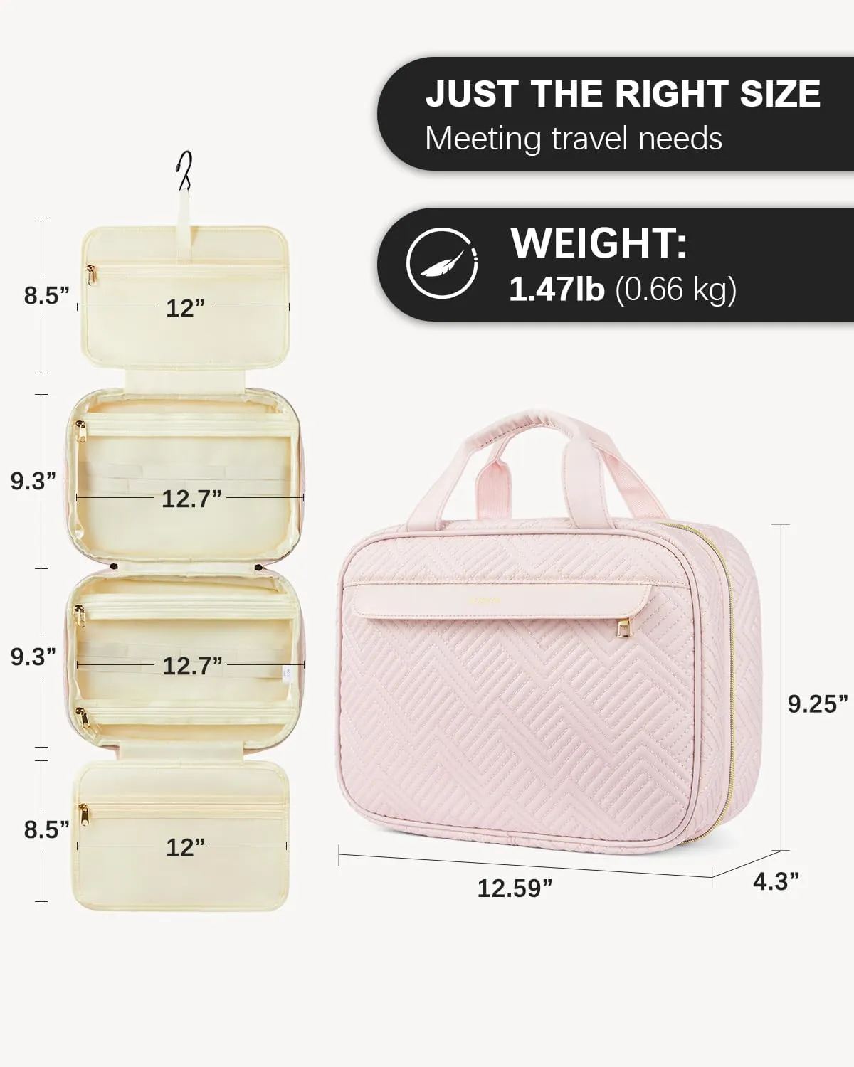Telena Hanging Travel Toiletry Bag - Quilted Convenient & Stylish Organizer for Traveling Women, Pink