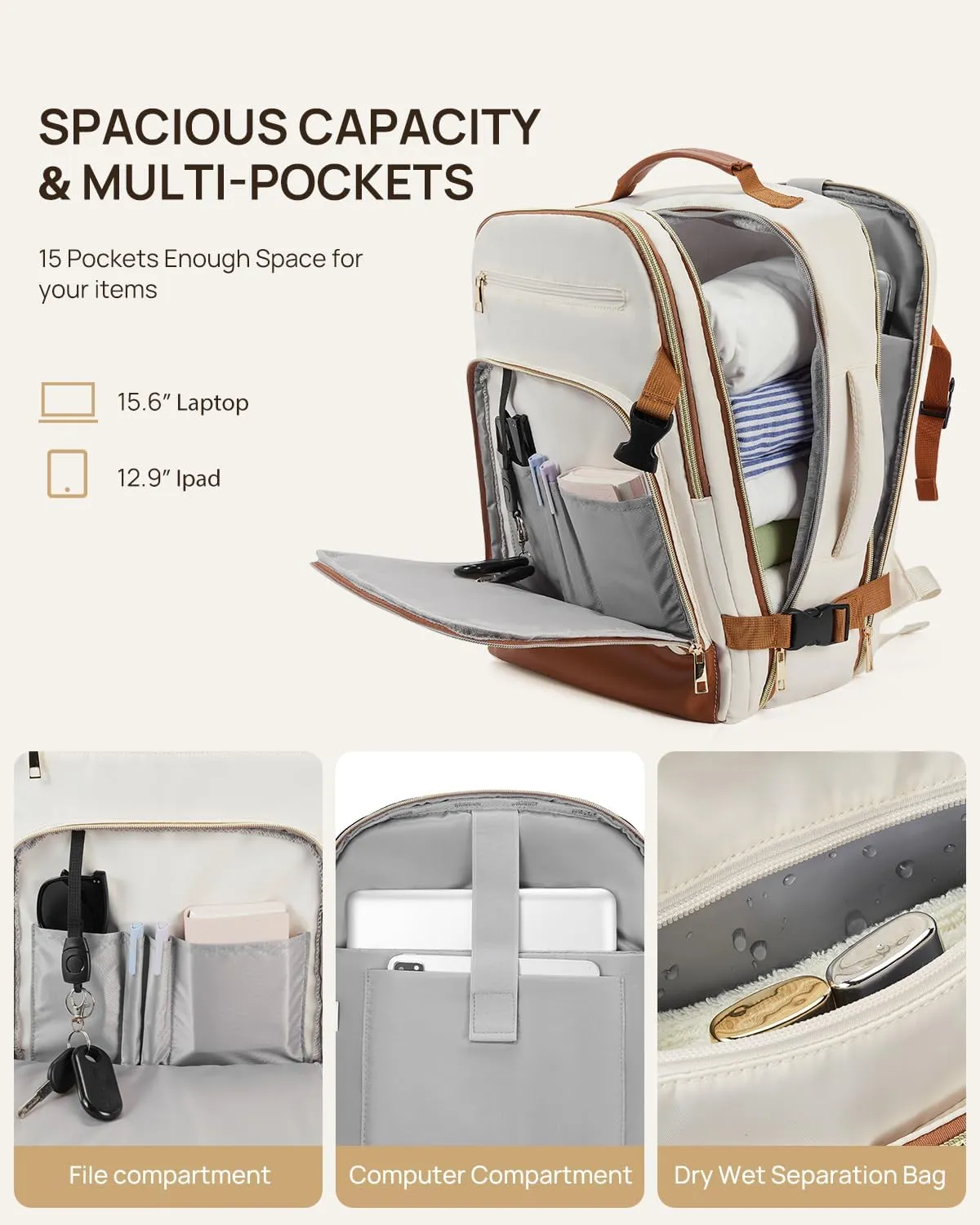 Telena Travel Backpack for Women, 15.6 inch Laptop Backpack TSA Carry on Backpack Personal Item Size Flight Approved Travel Bag Daypack with Multi-Pockets for Work, Travel, Business, Beige-Brown