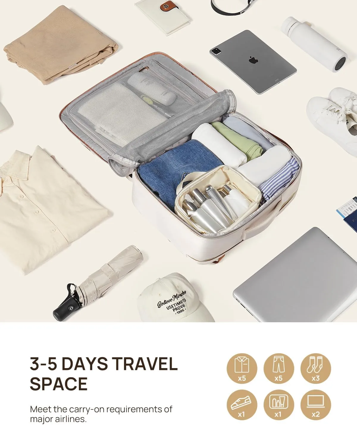 Telena Travel Backpack for Women, 15.6 inch Laptop Backpack TSA Carry on Backpack Personal Item Size Flight Approved Travel Bag Daypack with Multi-Pockets for Work, Travel, Business, Beige-Brown