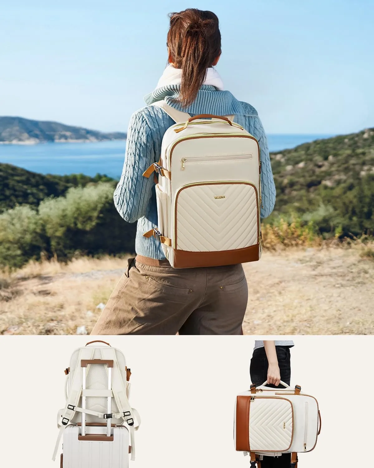 Telena Travel Backpack for Women, 15.6 inch Laptop Backpack TSA Carry on Backpack Personal Item Size Flight Approved Travel Bag Daypack with Multi-Pockets for Work, Travel, Business, Beige-Brown