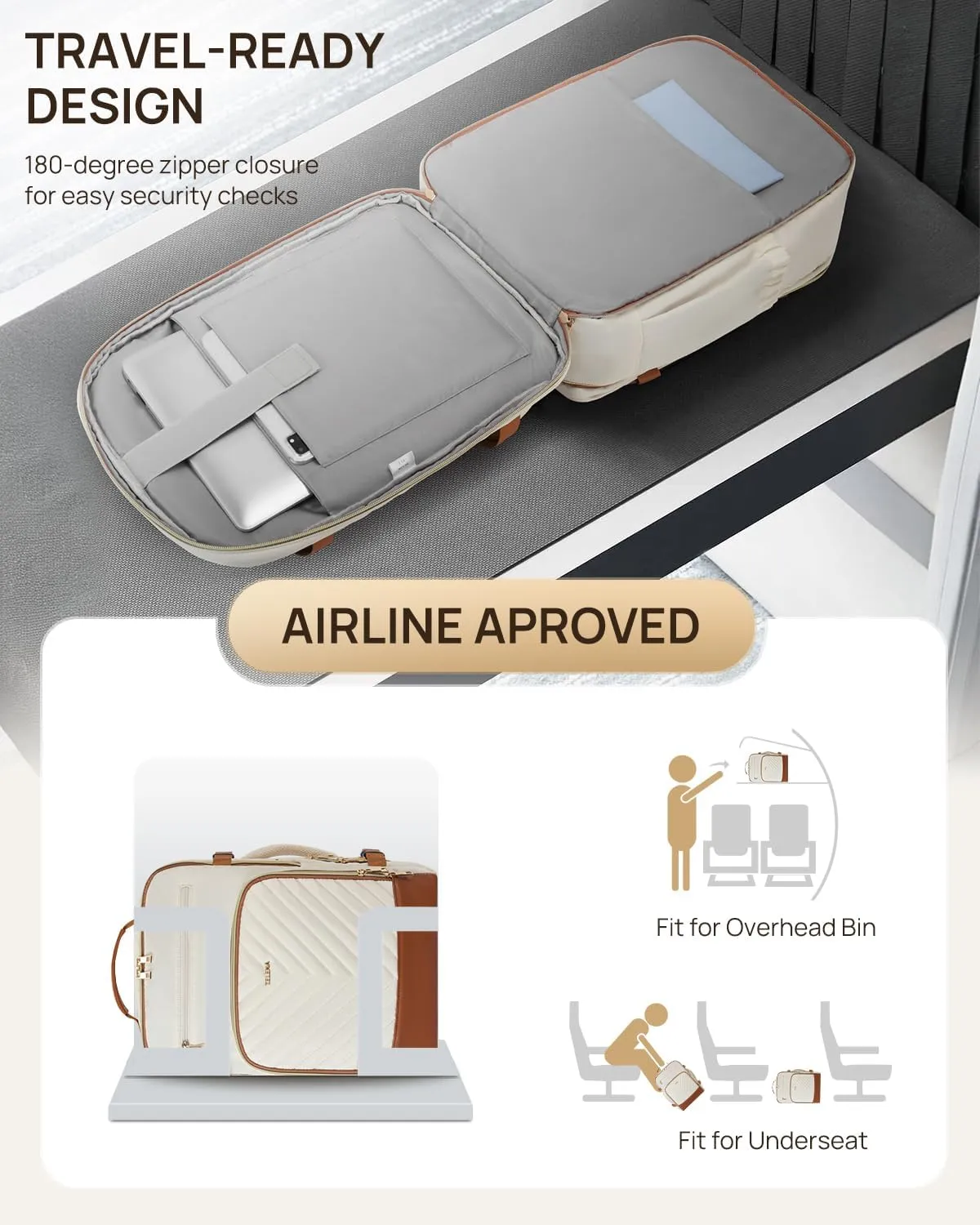 Telena Travel Backpack for Women, 15.6 inch Laptop Backpack TSA Carry on Backpack Personal Item Size Flight Approved Travel Bag Daypack with Multi-Pockets for Work, Travel, Business, Beige-Brown