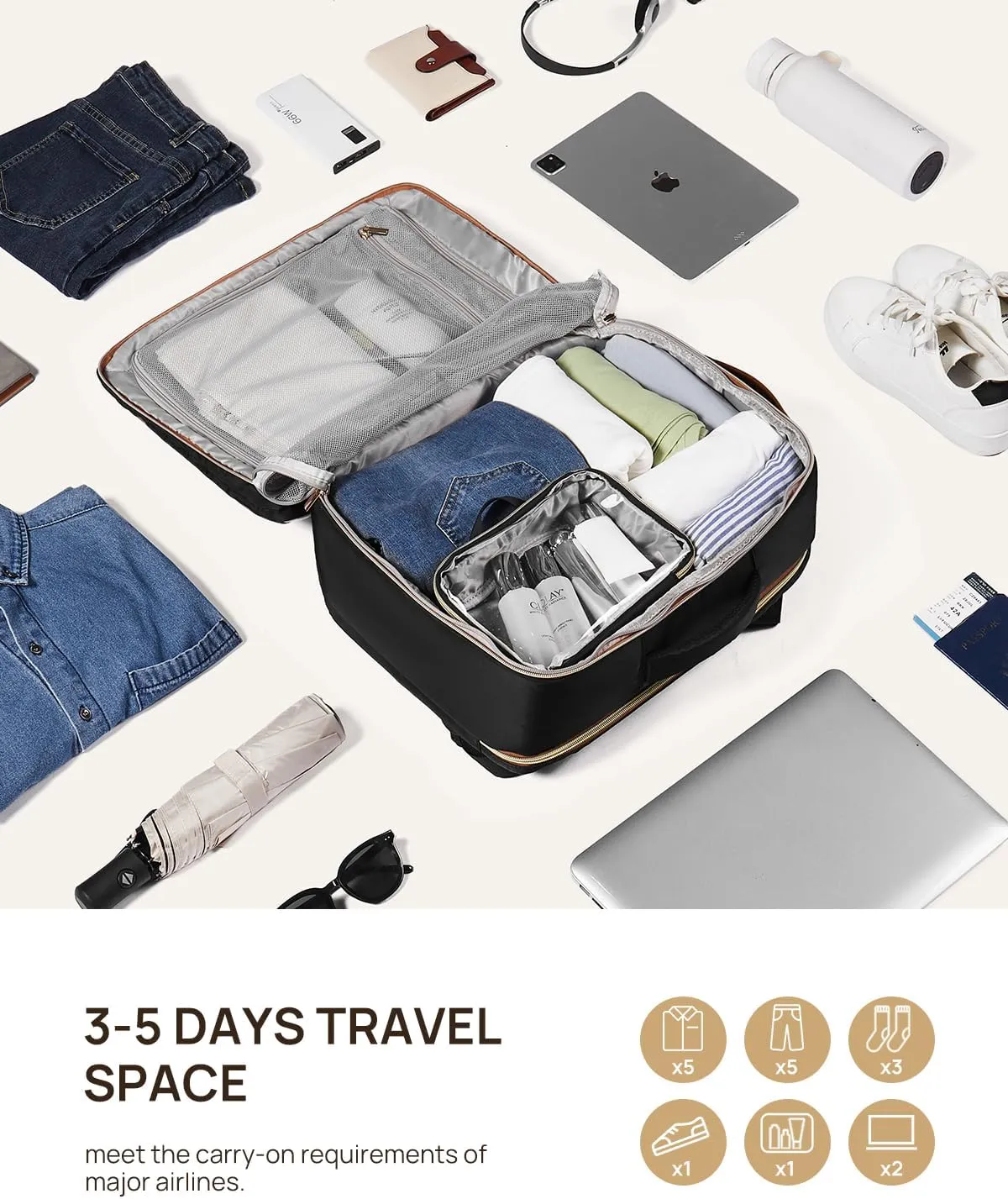 Telena Travel Backpack for Women, 15.6 inch Laptop Backpack TSA Carry on Backpack Personal Item Size Flight Approved Travel Bag Daypack with Multi-Pockets for Work, Travel, Business, Black-Beige-Brown