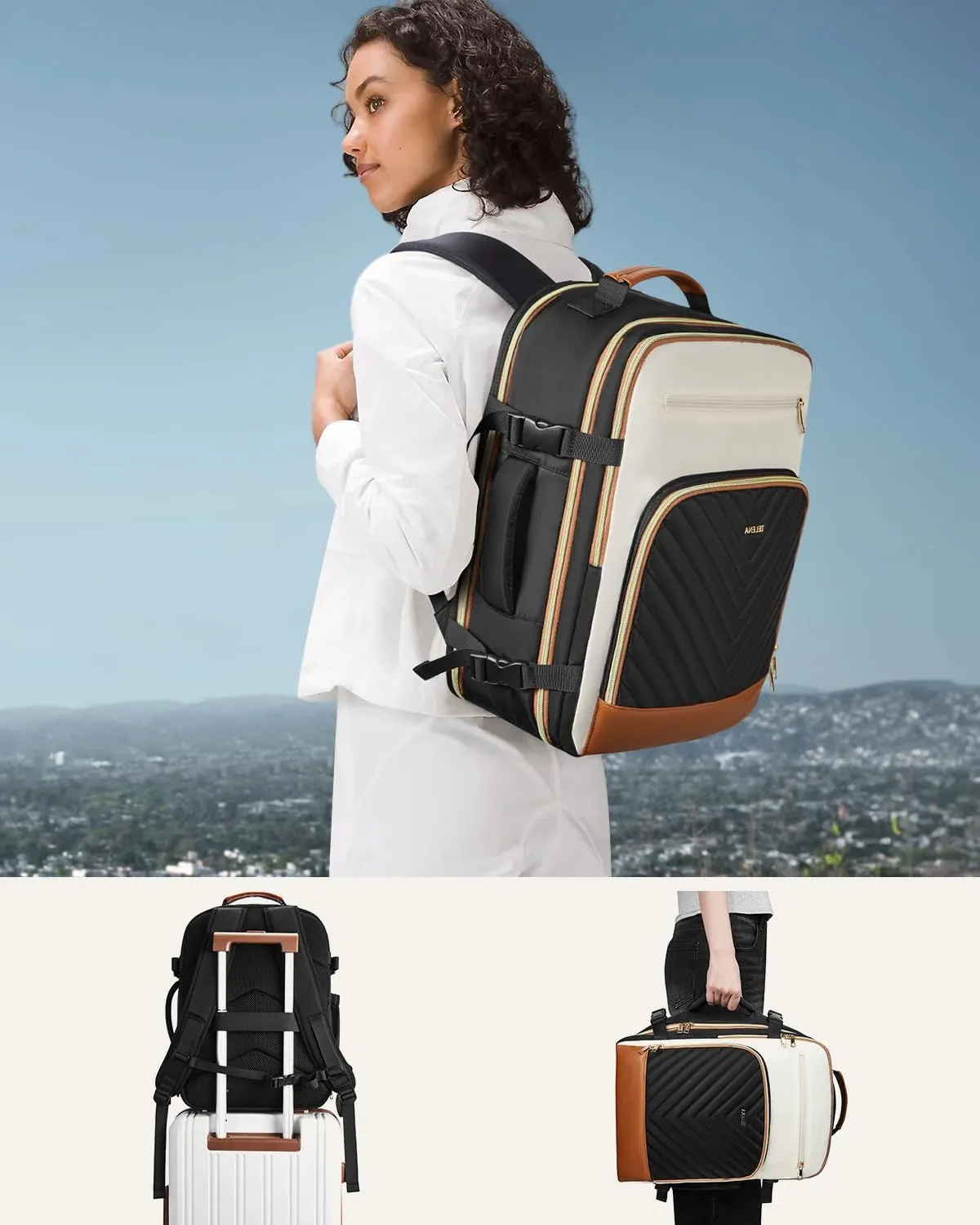 Telena Travel Backpack for Women, 15.6 inch Laptop Backpack TSA Carry on Backpack Personal Item Size Flight Approved Travel Bag Daypack with Multi-Pockets for Work, Travel, Business, Black-Beige-Brown