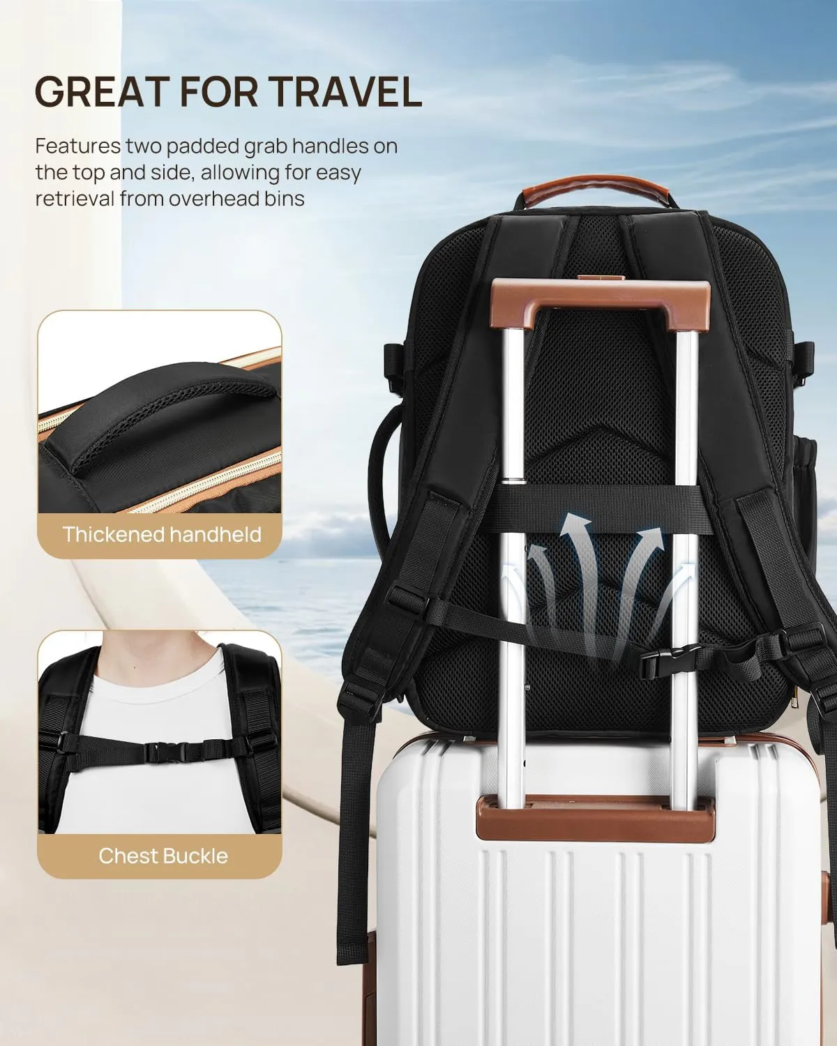 Telena Travel Backpack for Women, 15.6 inch Laptop Backpack TSA Carry on Backpack Personal Item Size Flight Approved Travel Bag Daypack with Multi-Pockets for Work, Travel, Business, Black-Beige-Brown