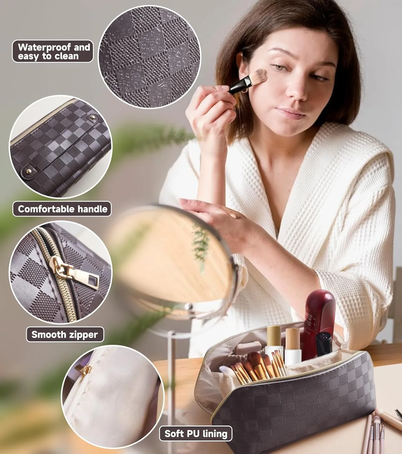 The new parallel makeup bag is very convenient for women to use, using good fabrics. each travel makeup bag can be easily stored. I chose the lay flat makeup bag. (brown)