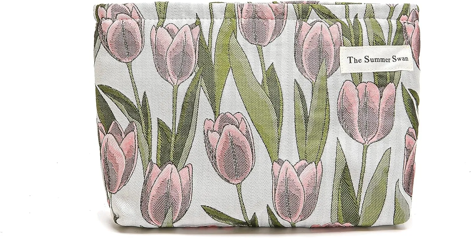 The Summer Swan | Large Aesthetic Makeup Bag Floral Mid-day Clutch Period Kit Hygiene Skincare Cute (Burgundy Tulip)